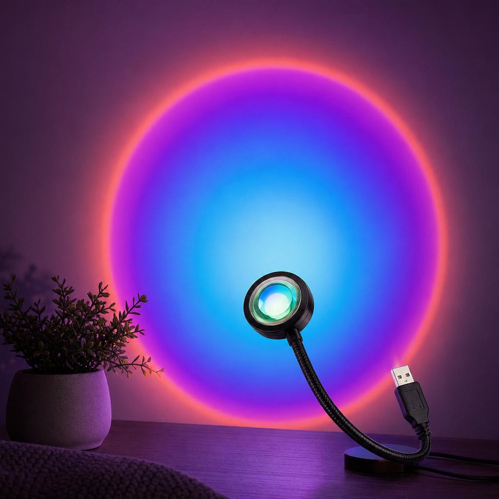 Lámpara Lumé en tono Aura Arcoíris proyectando un círculo morado y azul en un cuarto oscuro