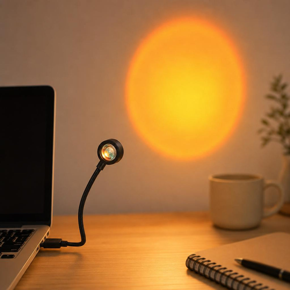 Lámpara Lumé conectada por USB a una laptop proyectando luz de atardecer en un escritorio