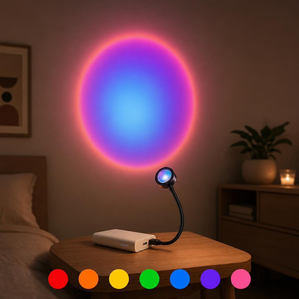 Lámpara Lumé Fiesta RGB conectada por USB a una power bank, proyectando luz multicolor, con muestra de los 7 colores
